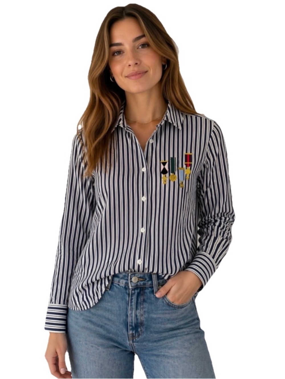 Equipment Essential Navy & White Striped Button Down Shirt Women’s Size Small